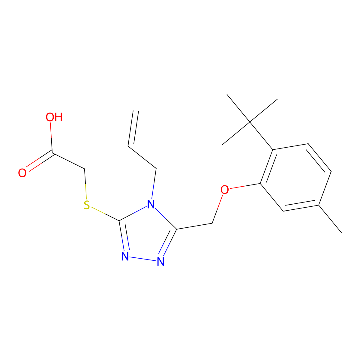 Acetic acid, 2-[[5-[[2-(1,1-dimethylethyl)-5-methylphenoxy]methyl]-4-(2-propen-1-yl)-4H-1,2,4-triazol-3-yl]thio]- molecular structure, CAS 1018048-15-1