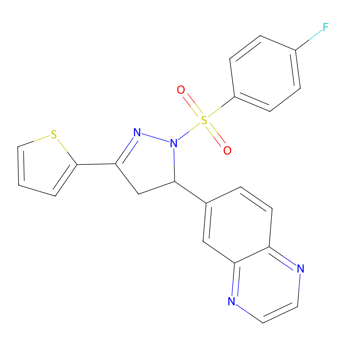 6-(1-((4-fluorophenyl)sulfonyl)-3-(thiophen-2-yl)-4,5-dihydro-1H-pyrazol-5-yl)quinoxaline molecular structure, CAS 1018048-44-6
