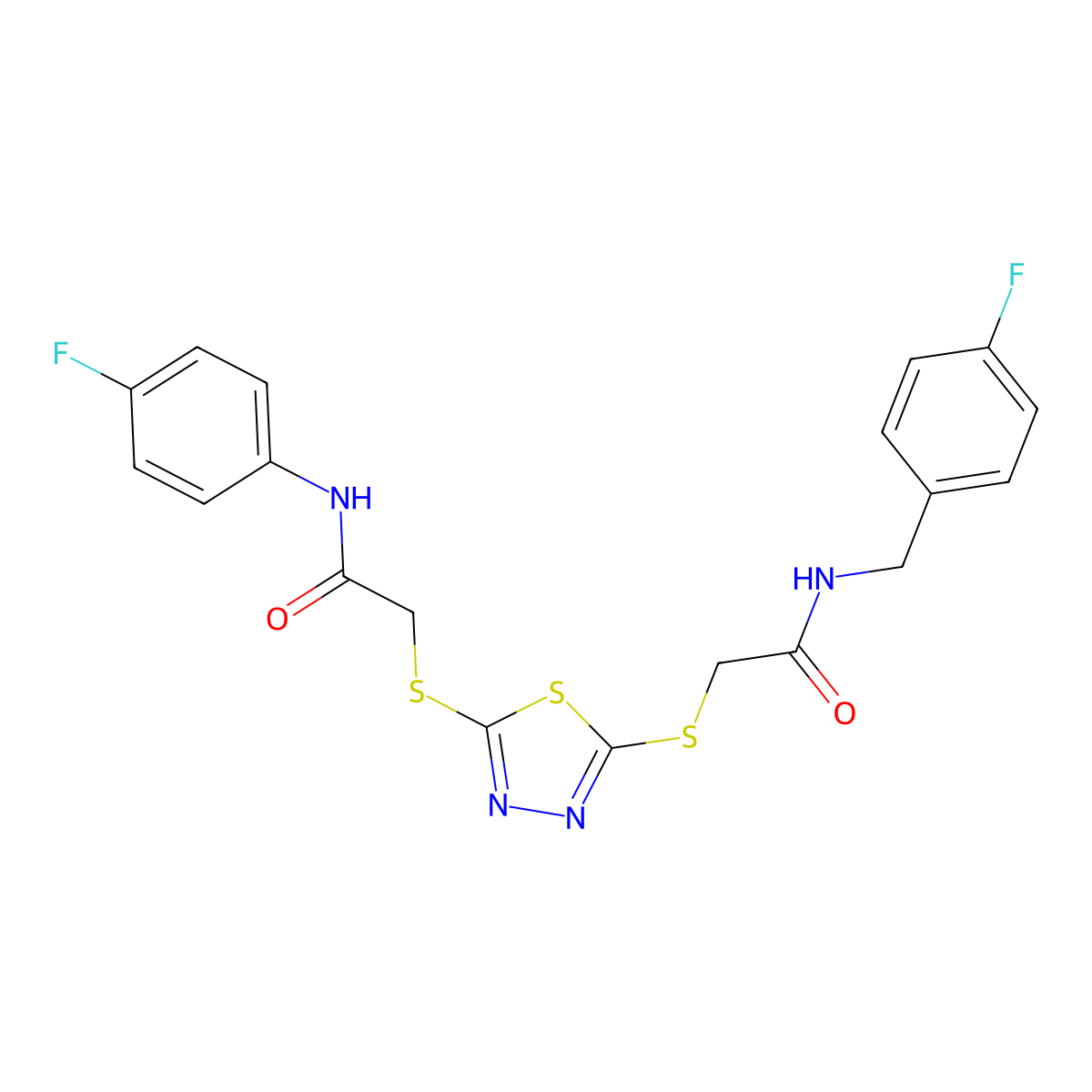 2-{[5-({2-[(4-fluorobenzyl)amino]-2-oxoethyl}sulfanyl)-1,3,4-thiadiazol-2-yl]sulfanyl}-N-(4-fluorophenyl)acetamide molecular structure, CAS 1018048-94-6