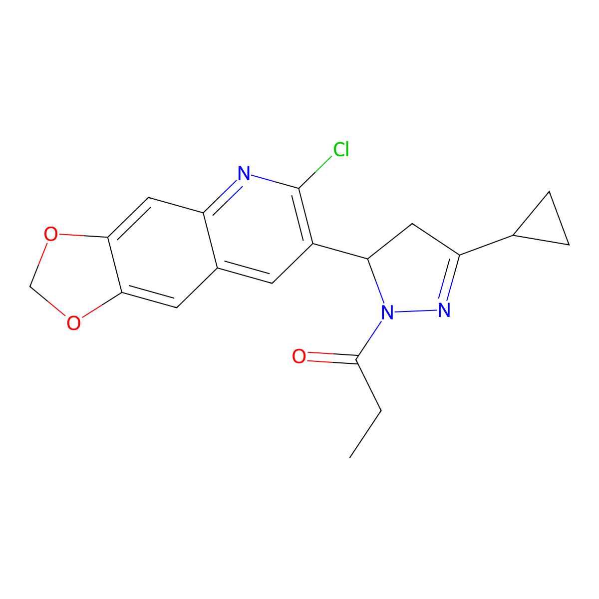 1-(5-(6-chloro-[1,3]dioxolo[4,5-g]quinolin-7-yl)-3-cyclopropyl-4,5-dihydro-1H-pyrazol-1-yl)propan-1-one molecular structure, CAS 1018049-10-9