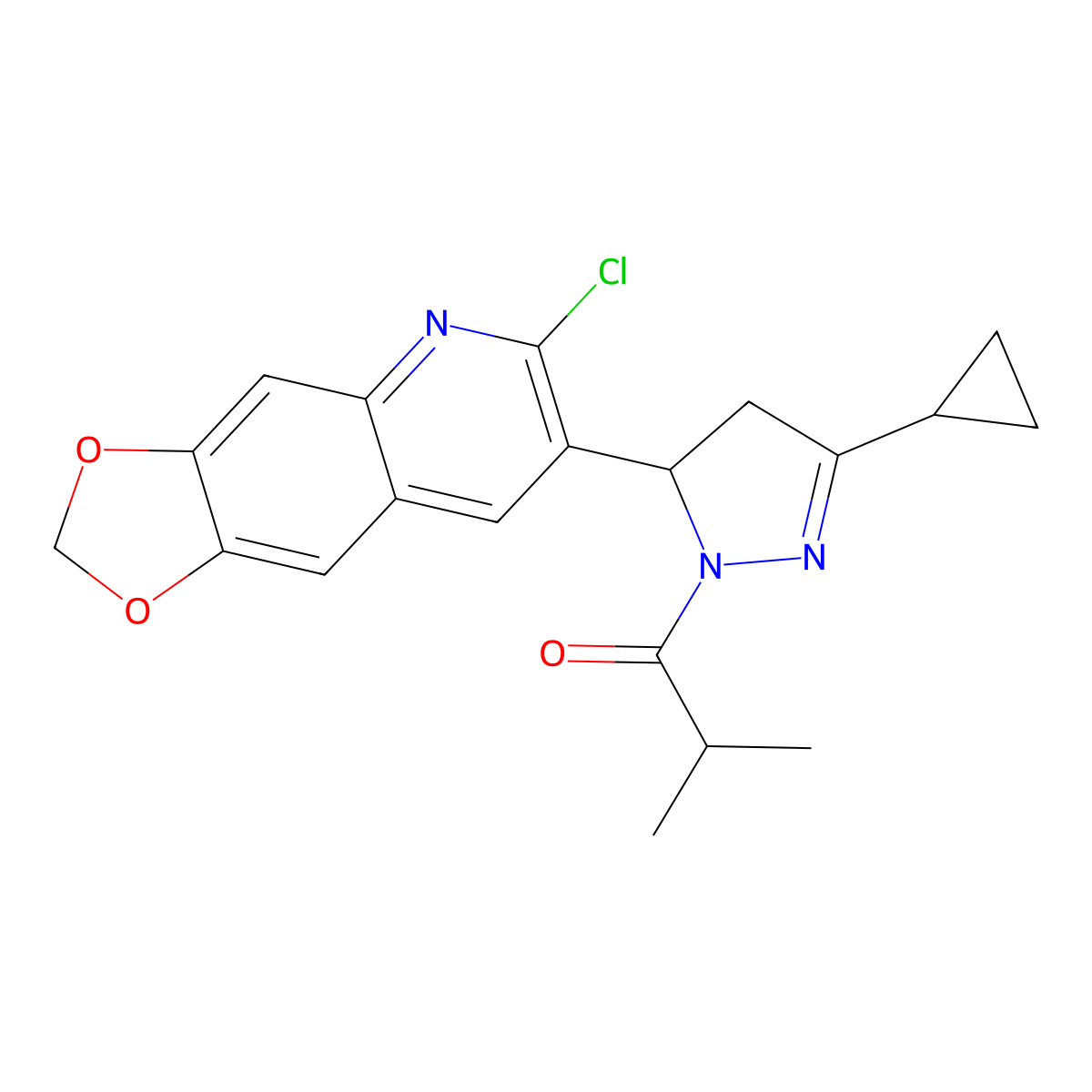 1-(5-(6-chloro-[1,3]dioxolo[4,5-g]quinolin-7-yl)-3-cyclopropyl-4,5-dihydro-1H-pyrazol-1-yl)-2-methylpropan-1-one molecular structure, CAS 1018049-25-6