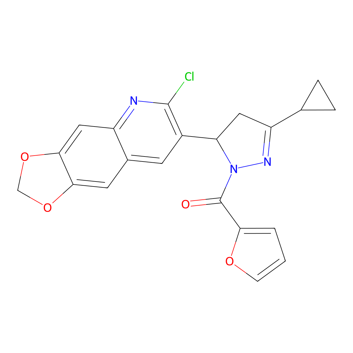 (5-(6-chloro-[1,3]dioxolo[4,5-g]quinolin-7-yl)-3-cyclopropyl-4,5-dihydro-1H-pyrazol-1-yl)(furan-2-yl)methanone molecular structure, CAS 1018049-32-5