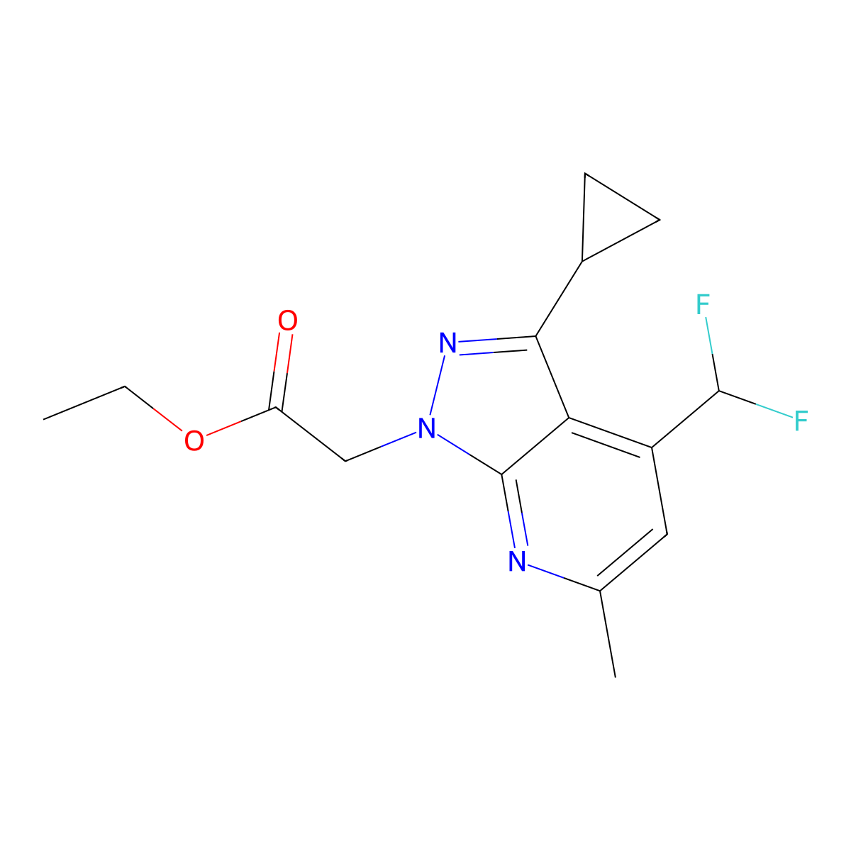 Ethyl 2-(3-cyclopropyl-4-(difluoromethyl)-6-methyl-1H-pyrazolo[3,4-b]pyridin-1-yl)acetate molecular structure, CAS 1018050-81-1