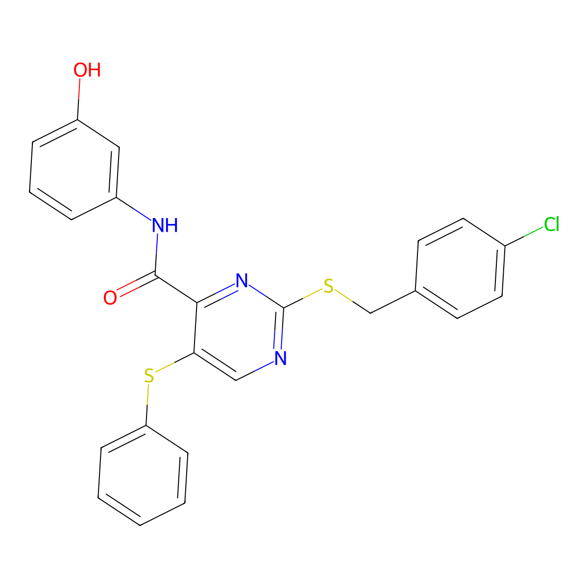 4-Pyrimidinecarboxamide, 2-[[(4-chlorophenyl)methyl]thio]-N-(3-hydroxyphenyl)-5-(phenylthio)- molecular structure, CAS 1018050-82-2