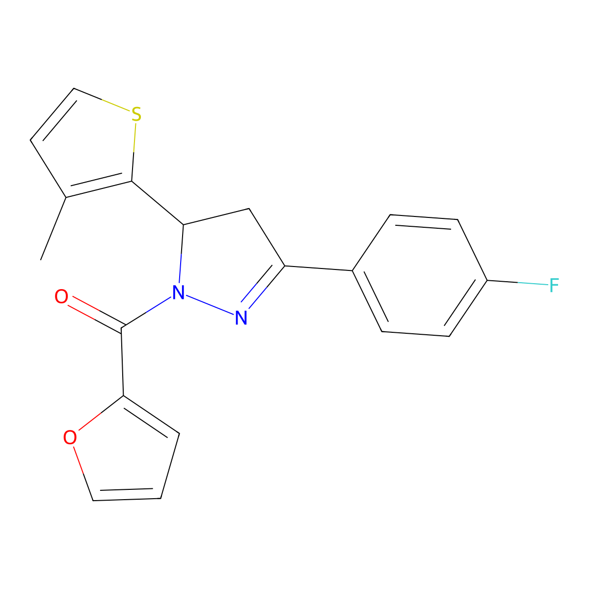 3-(4-fluorophenyl)-1-(furan-2-carbonyl)-5-(3-methylthiophen-2-yl)-4,5-dihydro-1H-pyrazole molecular structure, CAS 1018050-83-3