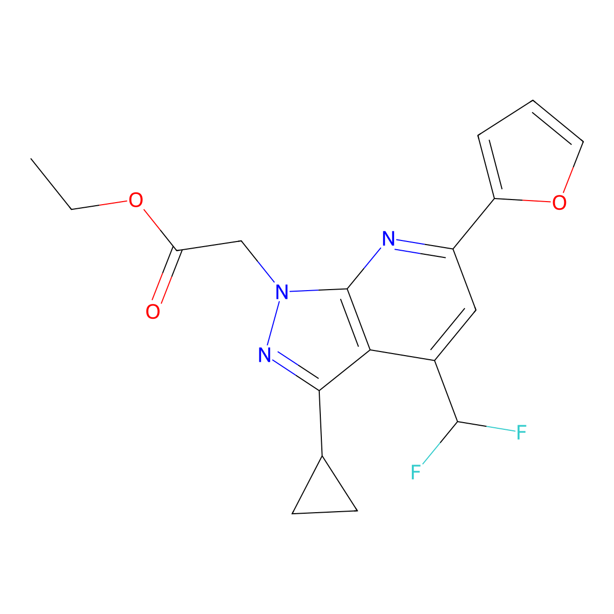 Ethyl 2-(3-cyclopropyl-4-(difluoromethyl)-6-(furan-2-yl)-1H-pyrazolo[3,4-b]pyridin-1-yl)acetate molecular structure, CAS 1018050-88-8