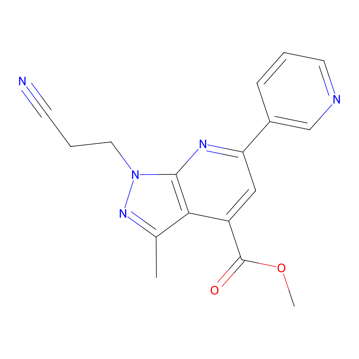 methyl 1-(2-cyanoethyl)-3-methyl-6-(pyridin-3-yl)-1H-pyrazolo[3,4-b]pyridine-4-carboxylate molecular structure, CAS 1018051-04-1