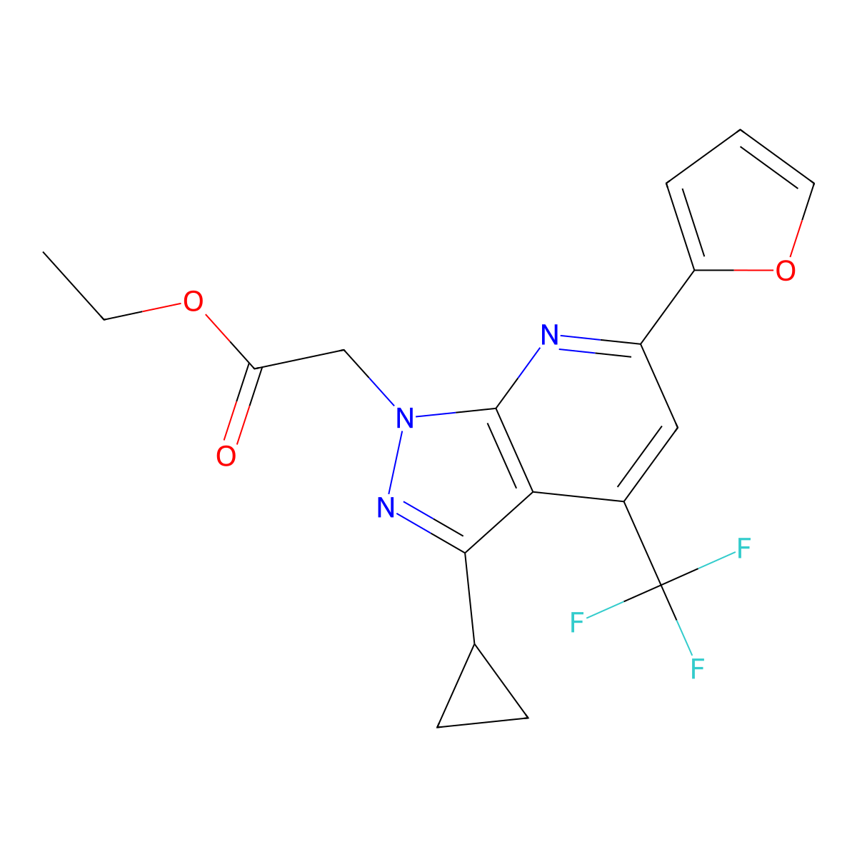 Ethyl 2-(3-cyclopropyl-6-(furan-2-yl)-4-(trifluoromethyl)-1H-pyrazolo[3,4-b]pyridin-1-yl)acetate molecular structure, CAS 1018051-12-1