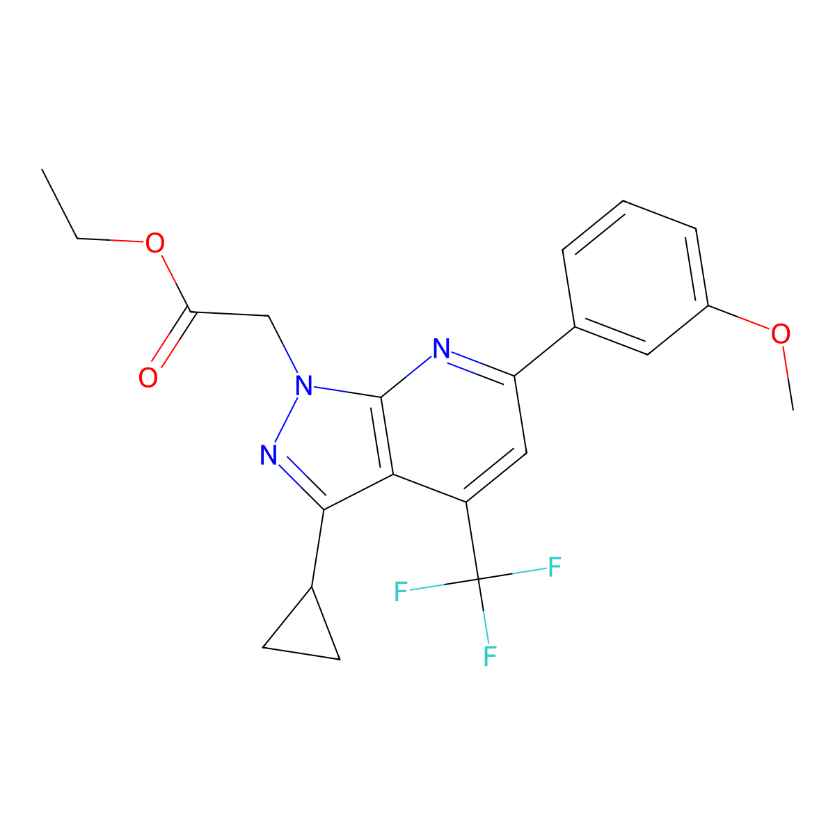 Ethyl 2-(3-cyclopropyl-6-(3-methoxyphenyl)-4-(trifluoromethyl)-1H-pyrazolo[3,4-b]pyridin-1-yl)acetate molecular structure, CAS 1018051-21-2