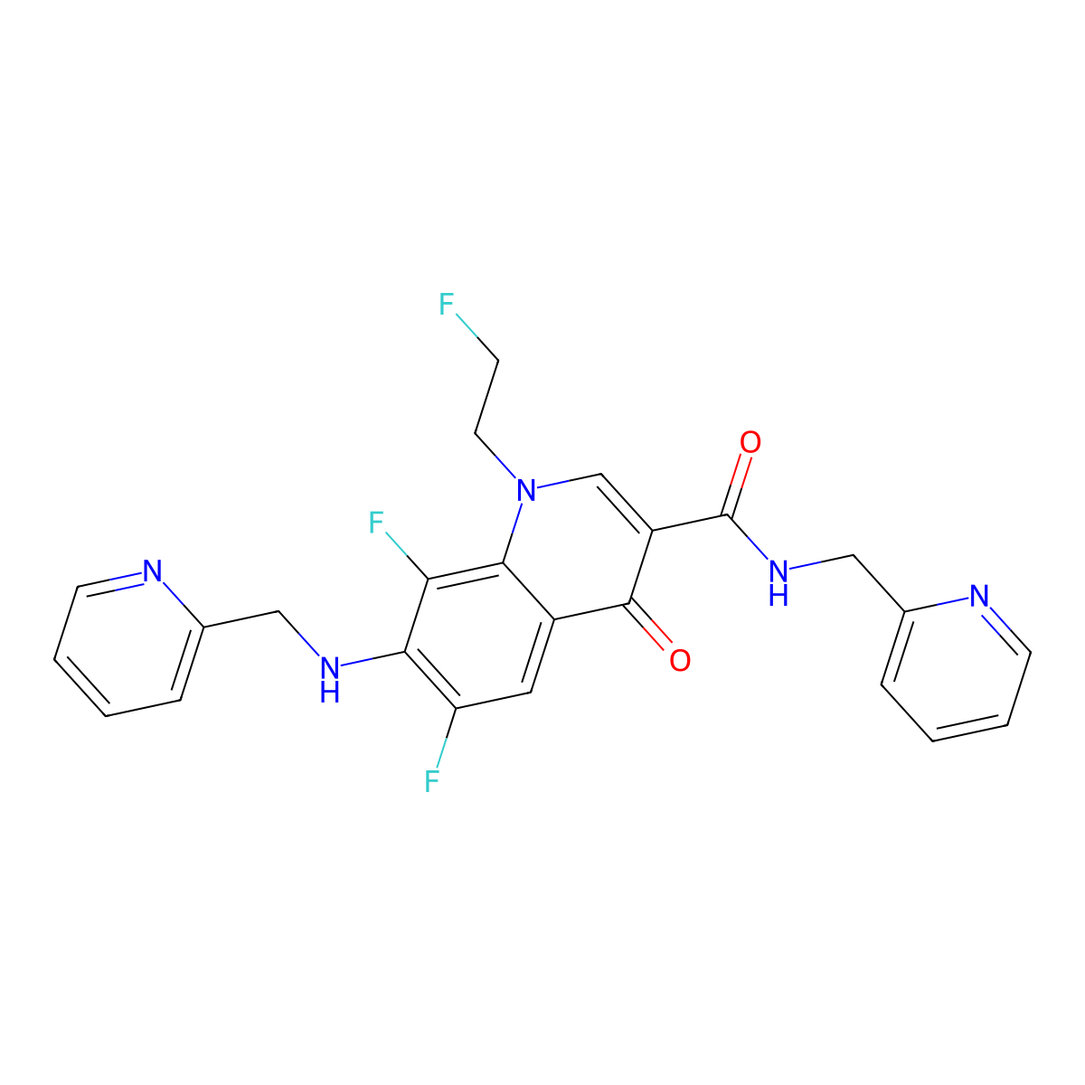 6,8-difluoro-1-(2-fluoroethyl)-4-oxo-N-(pyridin-2-ylmethyl)-7-[(pyridin-2-ylmethyl)amino]-1,4-dihydroquinoline-3-carboxamide molecular structure, CAS 1018051-23-4