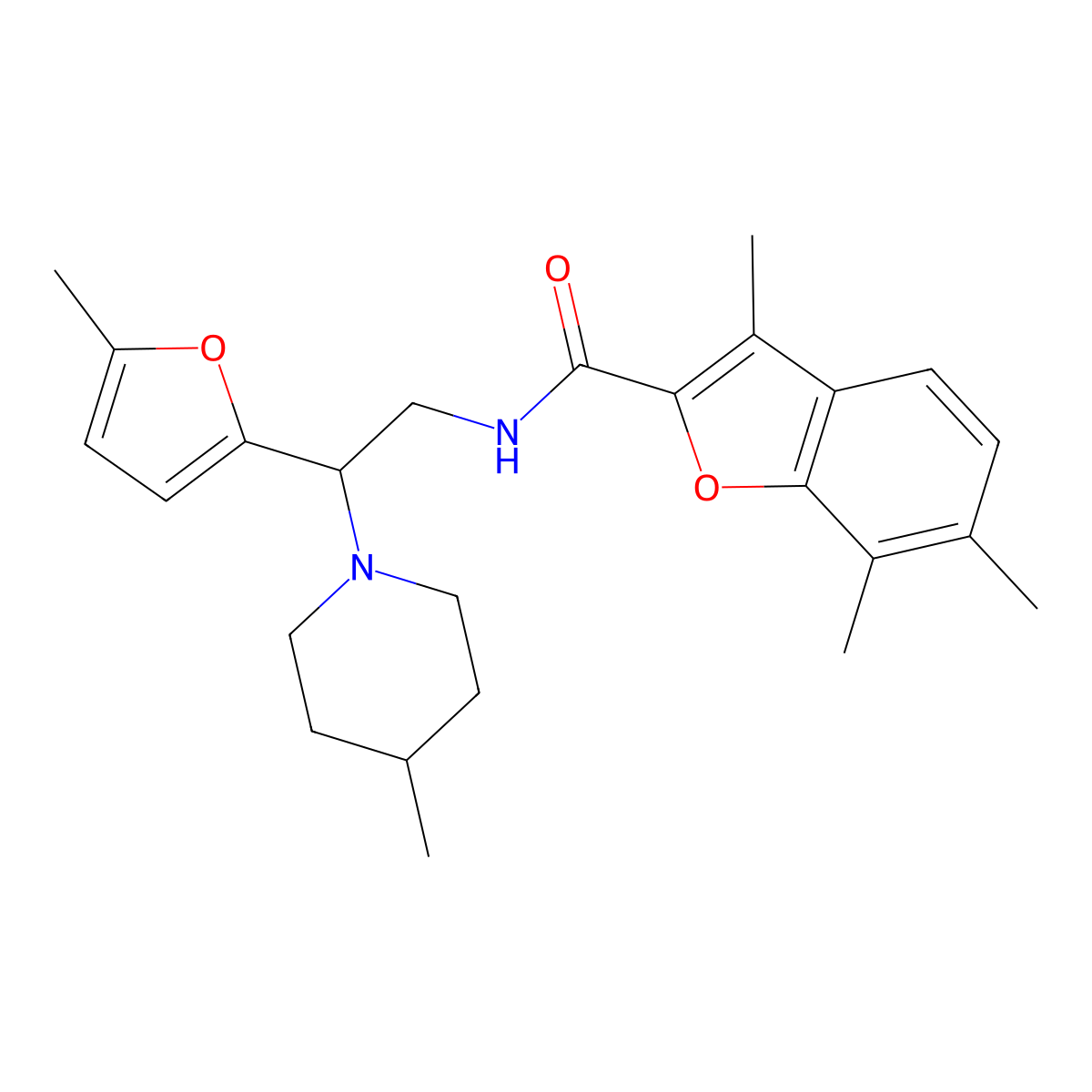 3,6,7-trimethyl-N-[2-(5-methylfuran-2-yl)-2-(4-methylpiperidin-1-yl)ethyl]-1-benzofuran-2-carboxamide molecular structure, CAS 1018051-30-3