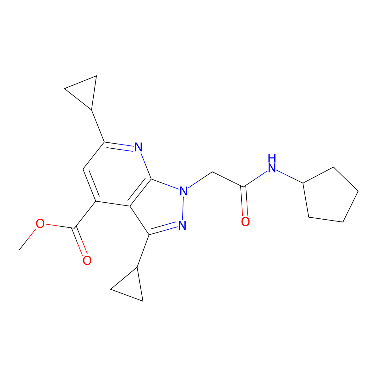 methyl 1-[2-(cyclopentylamino)-2-oxoethyl]-3,6-dicyclopropyl-1H-pyrazolo[3,4-b]pyridine-4-carboxylate molecular structure, CAS 1018051-53-0