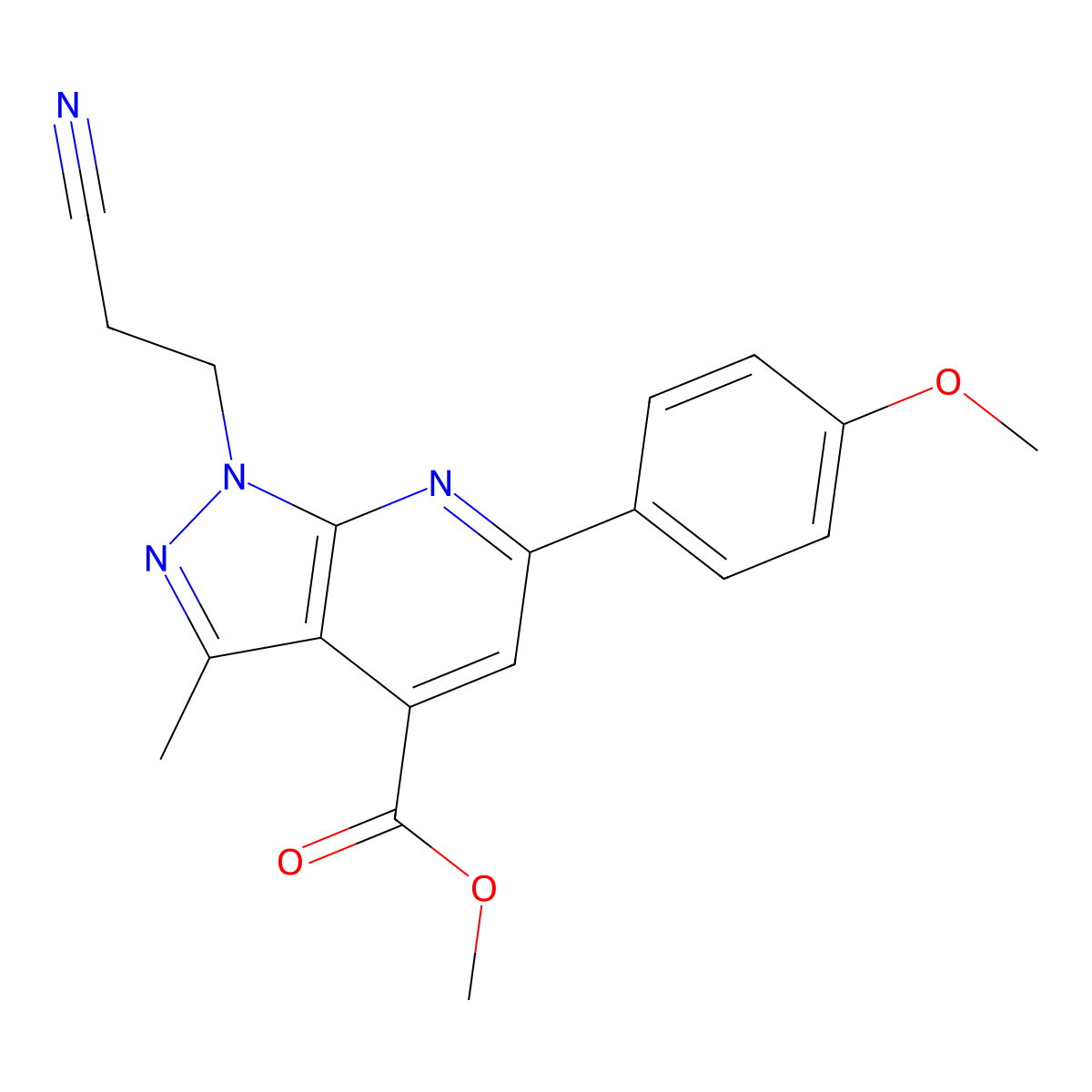 methyl 1-(2-cyanoethyl)-6-(4-methoxyphenyl)-3-methyl-1H-pyrazolo[3,4-b]pyridine-4-carboxylate molecular structure, CAS 1018051-61-0