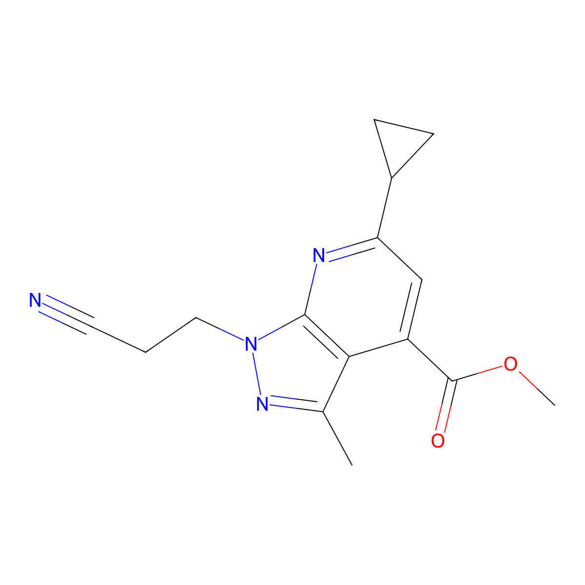 methyl 1-(2-cyanoethyl)-6-cyclopropyl-3-methyl-1H-pyrazolo[3,4-b]pyridine-4-carboxylate molecular structure, CAS 1018051-69-8
