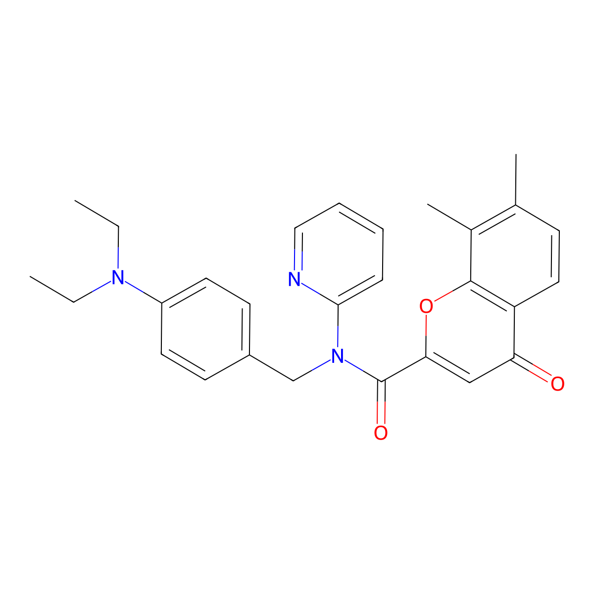 4H-1-Benzopyran-2-carboxamide, N-[[4-(diethylamino)phenyl]methyl]-7,8-dimethyl-4-oxo-N-2-pyridinyl- molecular structure, CAS 1018051-70-1