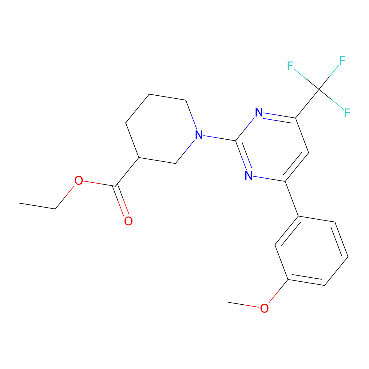 Ethyl 1-(4-(3-methoxyphenyl)-6-(trifluoromethyl)pyrimidin-2-yl)piperidine-3-carboxylate molecular structure, CAS 1018051-75-6