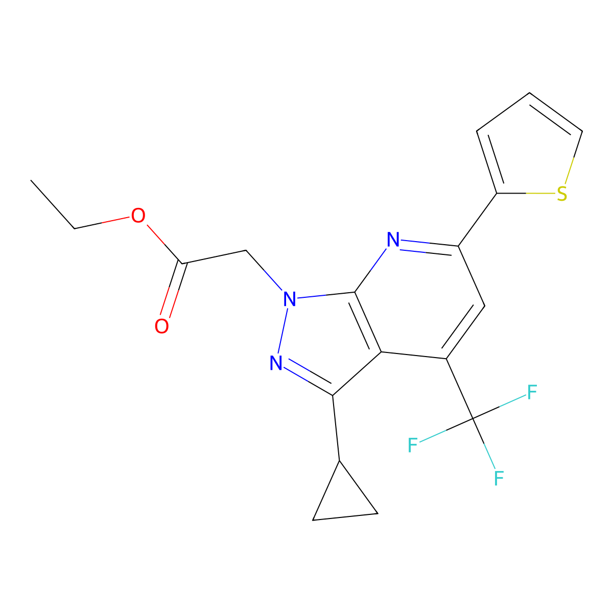 Ethyl 2-(3-cyclopropyl-6-(thiophen-2-yl)-4-(trifluoromethyl)-1H-pyrazolo[3,4-b]pyridin-1-yl)acetate molecular structure, CAS 1018051-77-8
