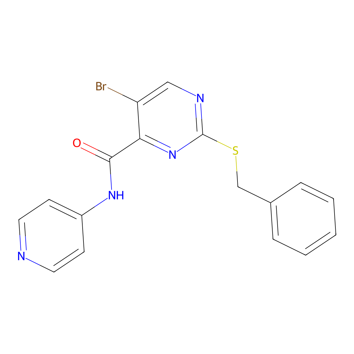 2-(benzylsulfanyl)-5-bromo-N-(pyridin-4-yl)pyrimidine-4-carboxamide molecular structure, CAS 1018051-78-9
