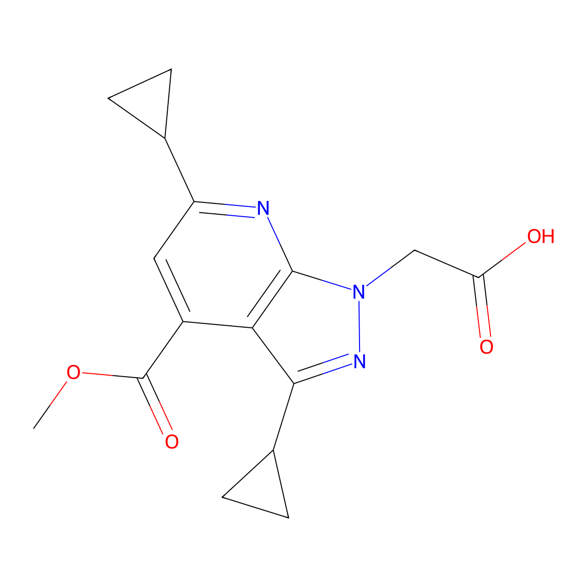 2-(3,6-Dicyclopropyl-4-(methoxycarbonyl)-1H-pyrazolo[3,4-b]pyridin-1-yl)acetic acid molecular structure, CAS 1018051-85-8