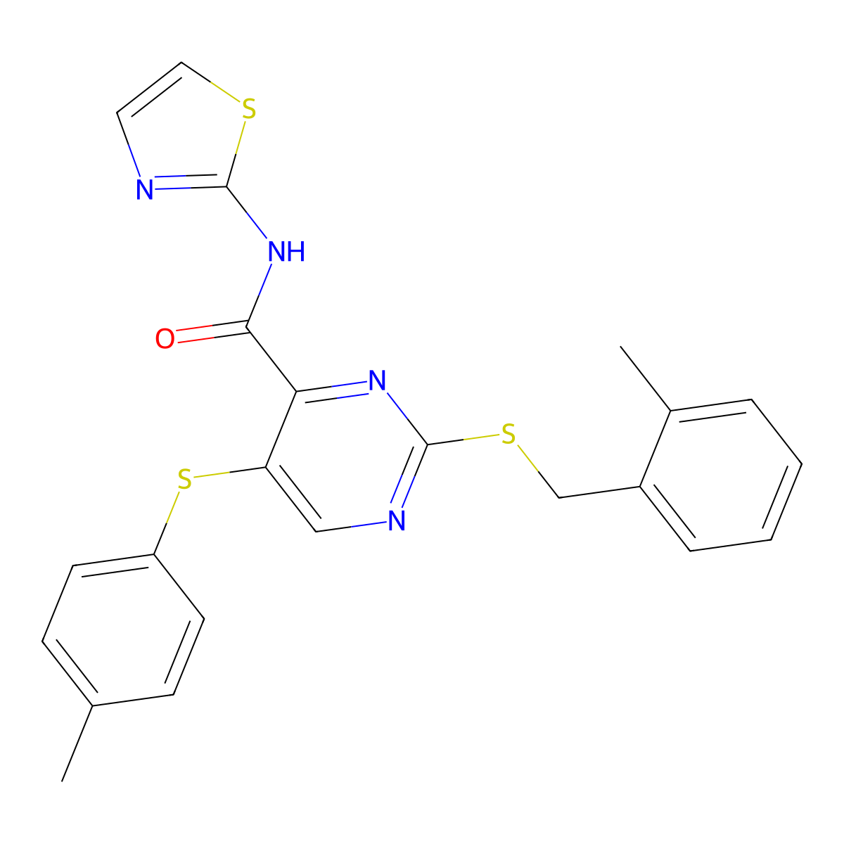 4-Pyrimidinecarboxamide, 2-[[(2-methylphenyl)methyl]thio]-5-[(4-methylphenyl)thio]-N-2-thiazolyl- molecular structure, CAS 1018051-86-9