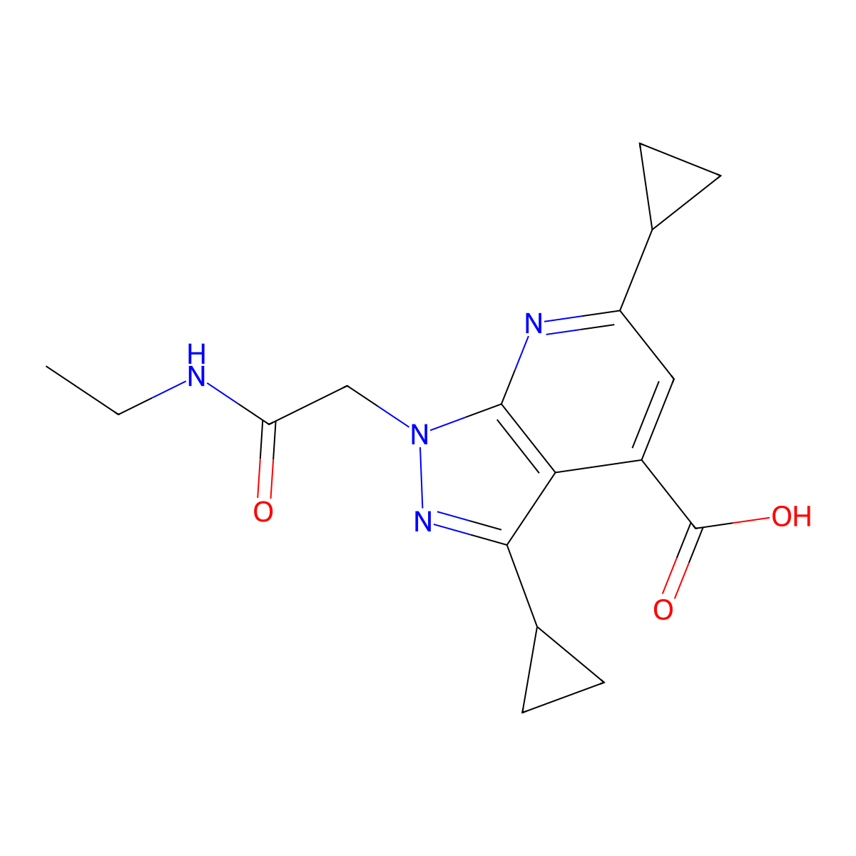 3,6-Dicyclopropyl-1-(2-(ethylamino)-2-oxoethyl)-1H-pyrazolo[3,4-b]pyridine-4-carboxylic acid molecular structure, CAS 1018052-15-7