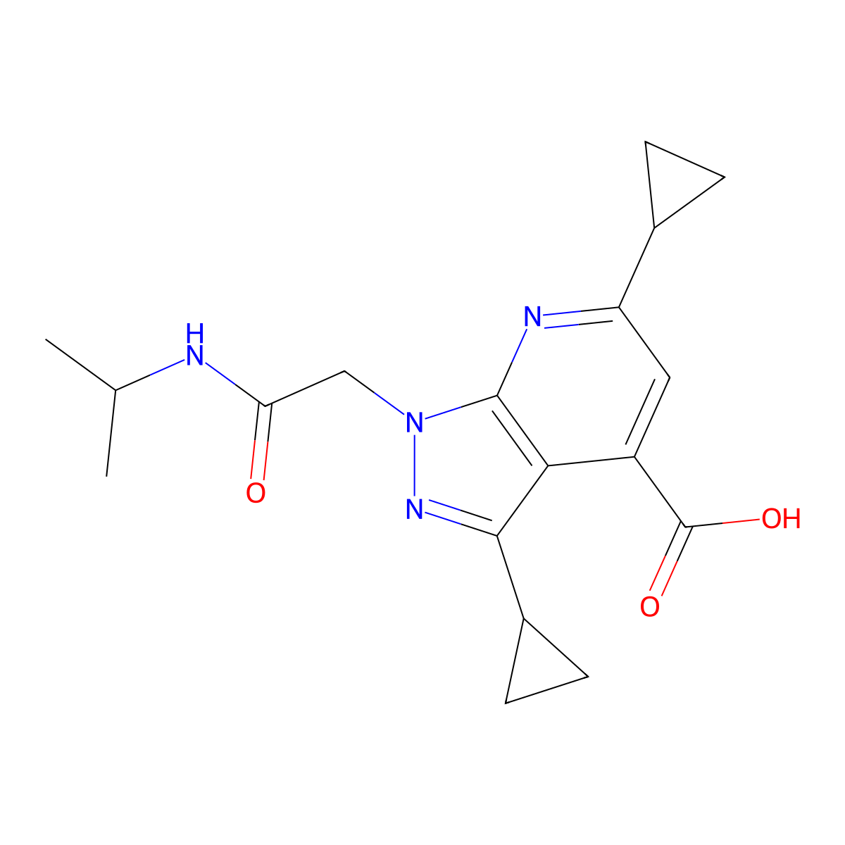 3,6-Dicyclopropyl-1-(2-(isopropylamino)-2-oxoethyl)-1H-pyrazolo[3,4-b]pyridine-4-carboxylic acid molecular structure, CAS 1018052-23-7