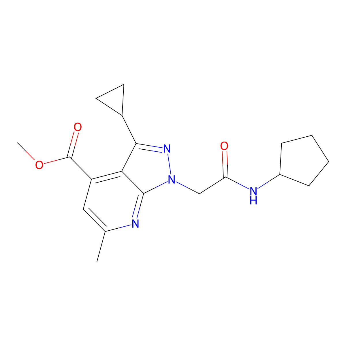 methyl 1-[2-(cyclopentylamino)-2-oxoethyl]-3-cyclopropyl-6-methyl-1H-pyrazolo[3,4-b]pyridine-4-carboxylate molecular structure, CAS 1018052-47-5