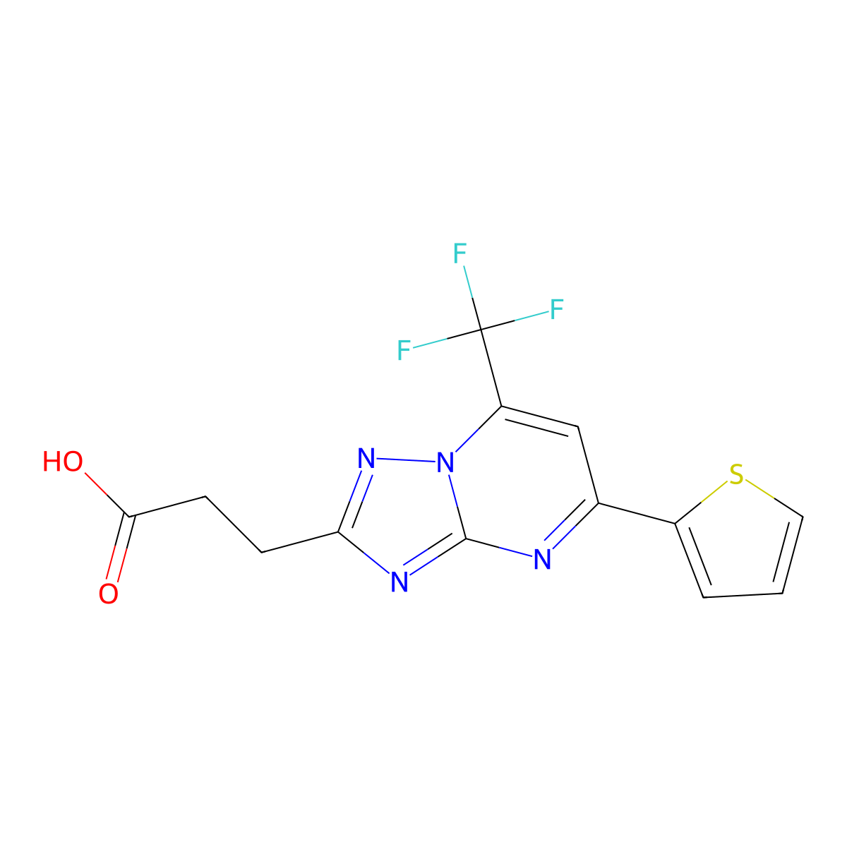3-(5-(Thiophen-2-yl)-7-(trifluoromethyl)-[1,2,4]triazolo[1,5-a]pyrimidin-2-yl)propanoic acid molecular structure, CAS 1018052-53-3