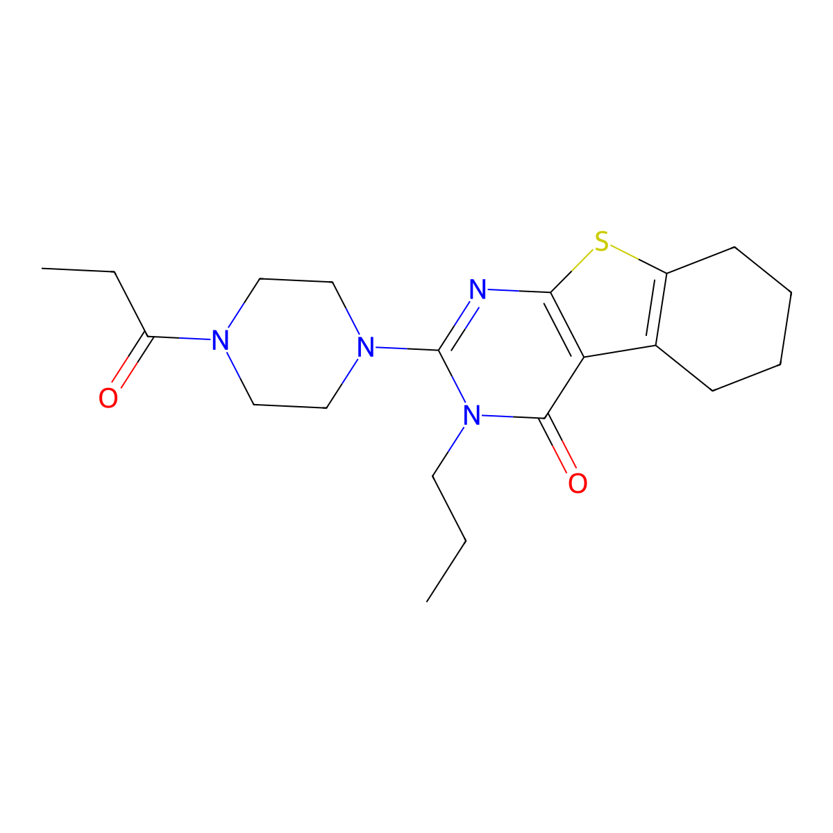 2-(4-propanoylpiperazin-1-yl)-3-propyl-5,6,7,8-tetrahydro[1]benzothieno[2,3-d]pyrimidin-4(3H)-one molecular structure, CAS 1018052-70-4