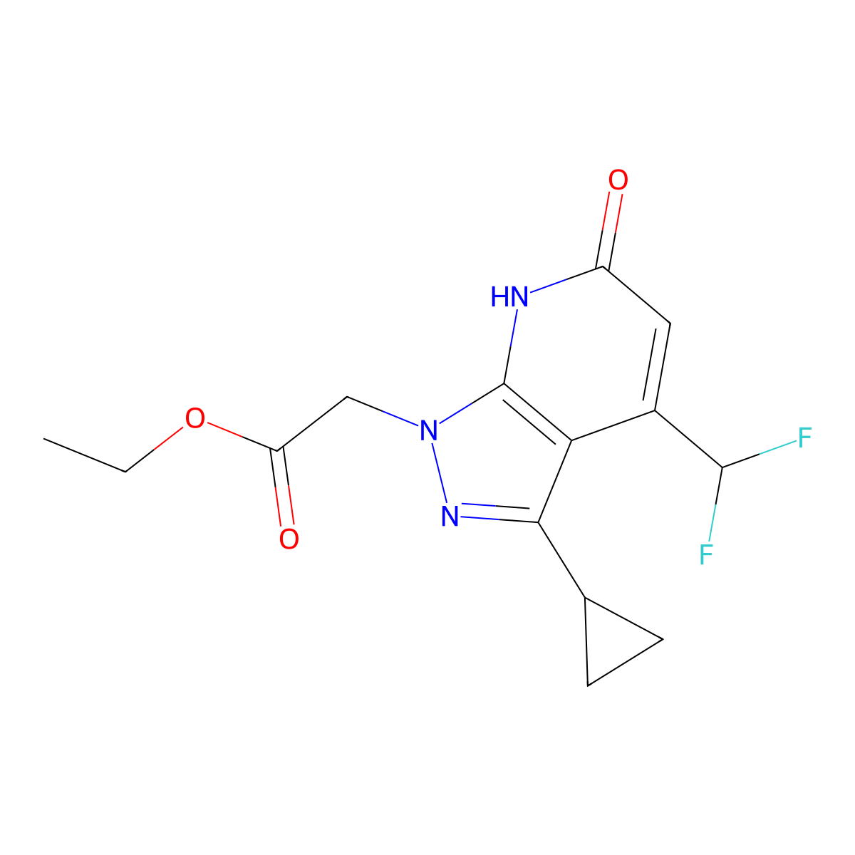 Ethyl 2-(3-cyclopropyl-4-(difluoromethyl)-6-oxo-6,7-dihydro-1H-pyrazolo[3,4-b]pyridin-1-yl)acetate molecular structure, CAS 1018052-85-1