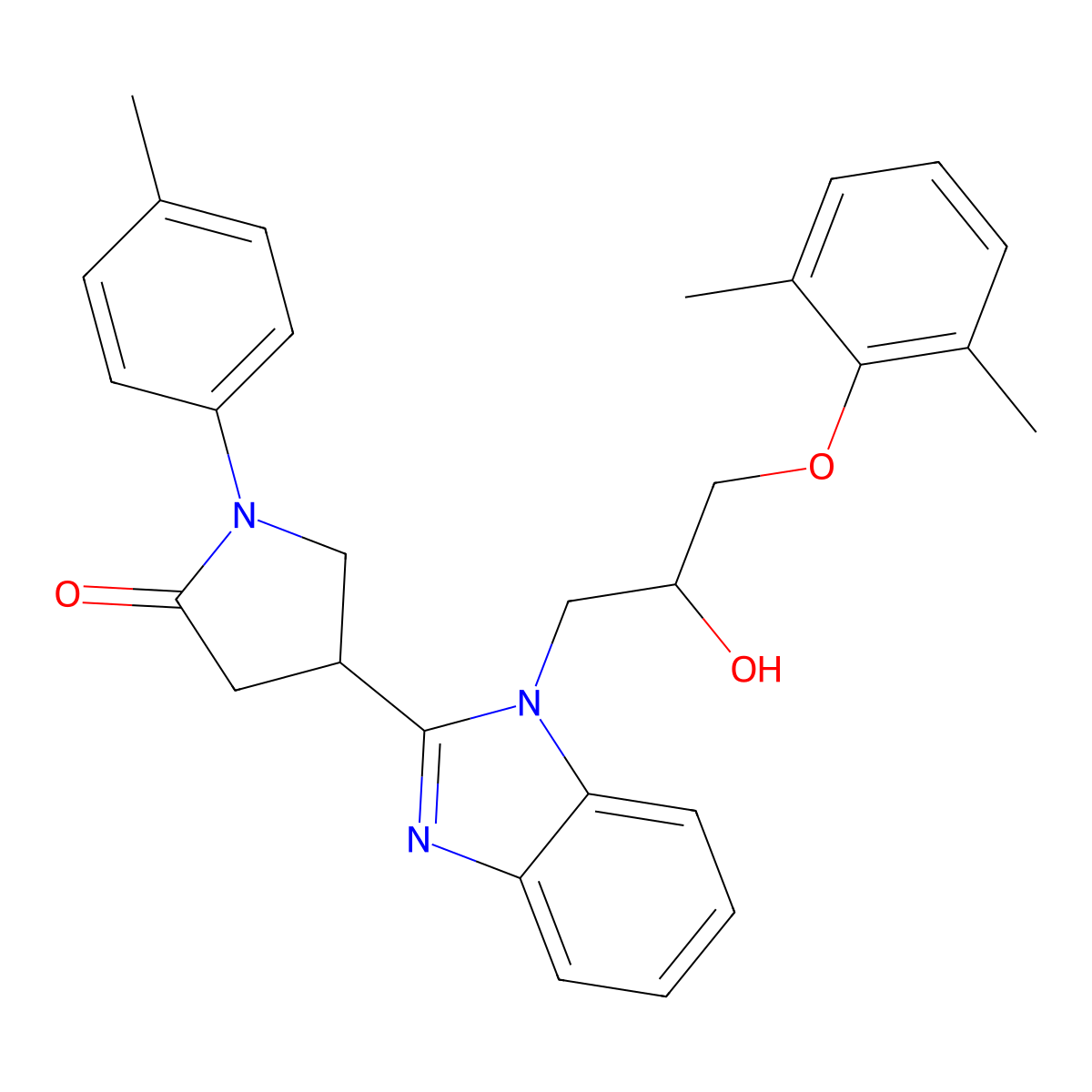 4-{1-[3-(2,6-dimethylphenoxy)-2-hydroxypropyl]-1H-benzimidazol-2-yl}-1-(4-methylphenyl)pyrrolidin-2-one molecular structure, CAS 1018052-87-3