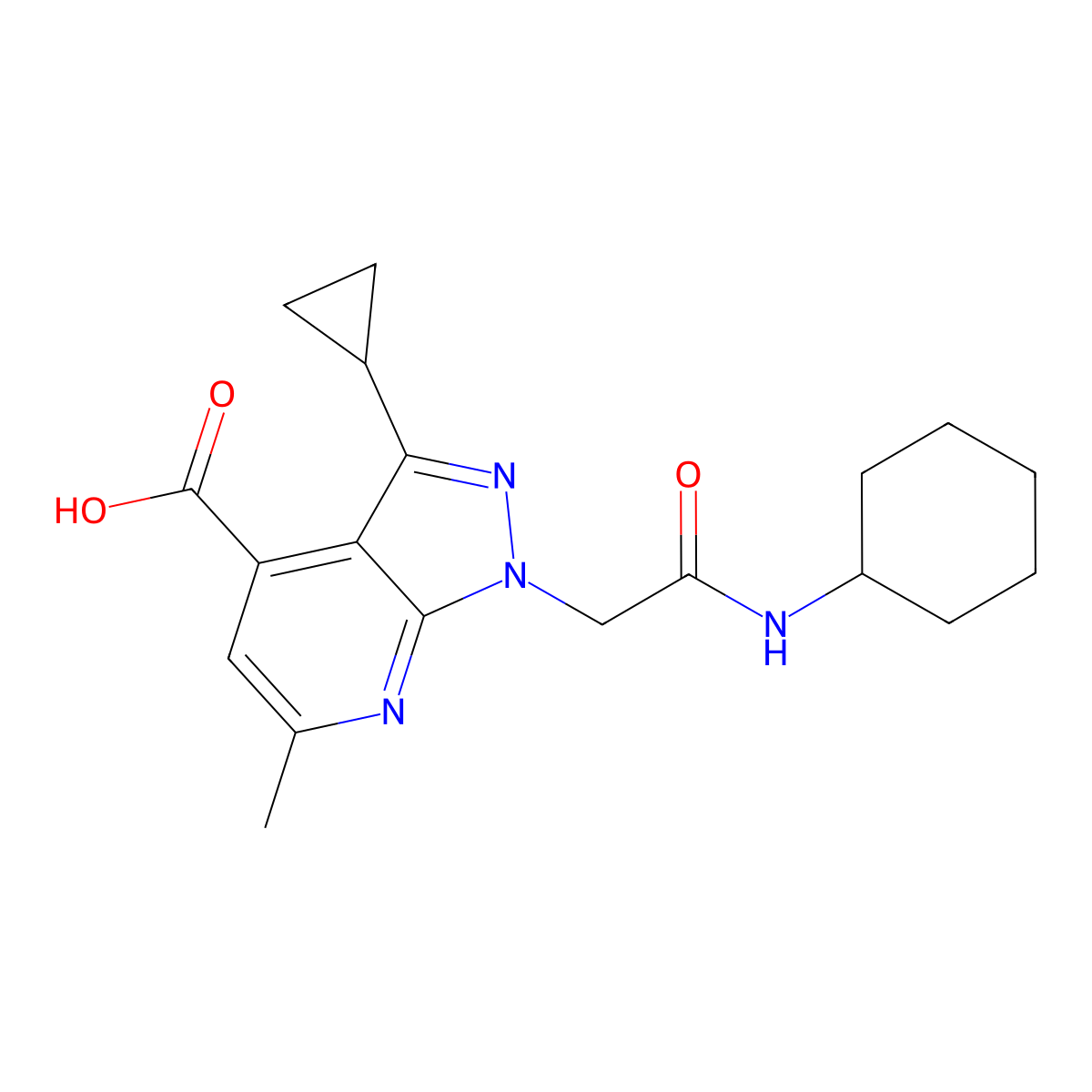 1-(2-(Cyclohexylamino)-2-oxoethyl)-3-cyclopropyl-6-methyl-1H-pyrazolo[3,4-b]pyridine-4-carboxylic acid molecular structure, CAS 1018052-92-0