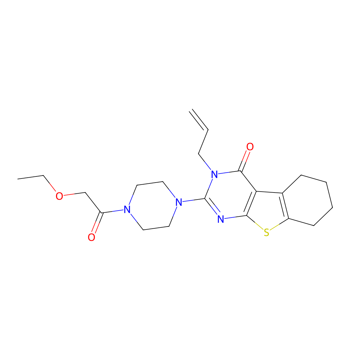 2-[4-(ethoxyacetyl)piperazin-1-yl]-3-(prop-2-en-1-yl)-5,6,7,8-tetrahydro[1]benzothieno[2,3-d]pyrimidin-4(3H)-one molecular structure, CAS 1018052-93-1