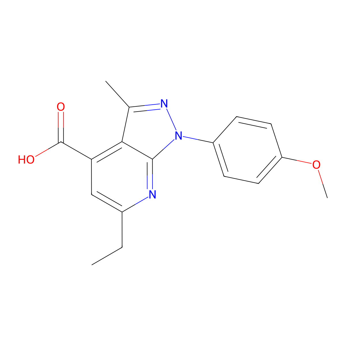 6-ethyl-1-(4-methoxyphenyl)-3-methyl-1H-pyrazolo[3,4-b]pyridine-4-carboxylic acid molecular structure, CAS 1018053-14-9