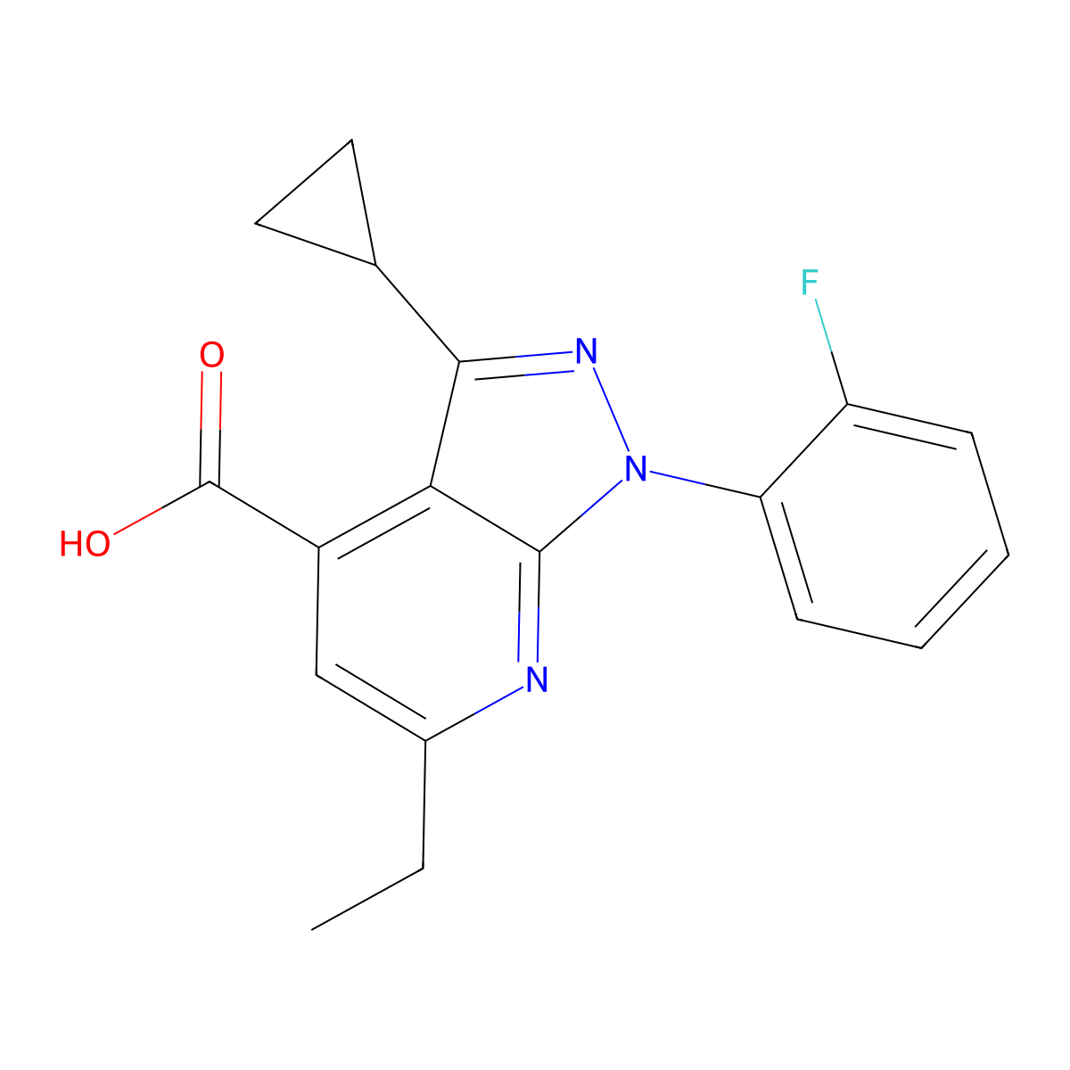 3-cyclopropyl-6-ethyl-1-(2-fluorophenyl)-1H-pyrazolo[3,4-b]pyridine-4-carboxylic acid molecular structure, CAS 1018053-46-7