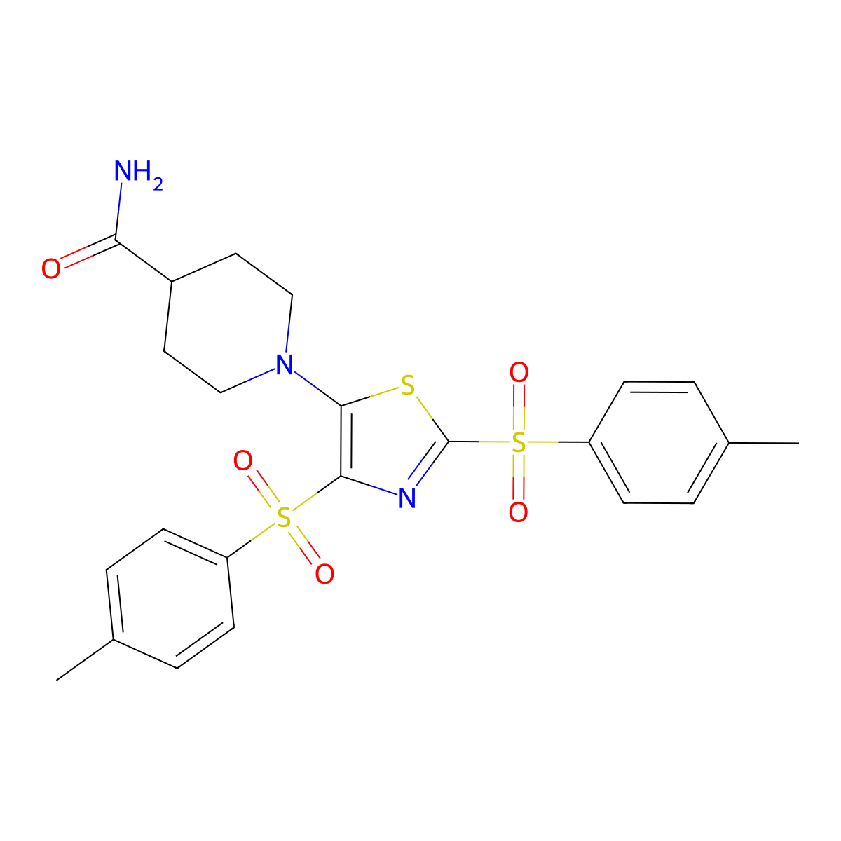 4-Piperidinecarboxamide, 1-[2,4-bis[(4-methylphenyl)sulfonyl]-5-thiazolyl]- molecular structure, CAS 1018053-49-0