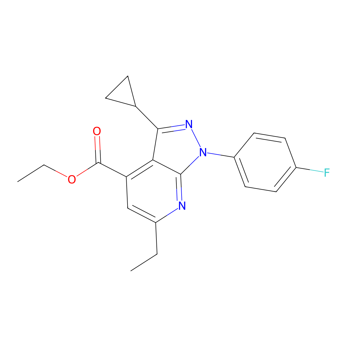 ethyl 3-cyclopropyl-6-ethyl-1-(4-fluorophenyl)-1H-pyrazolo[3,4-b]pyridine-4-carboxylate molecular structure, CAS 1018053-54-7