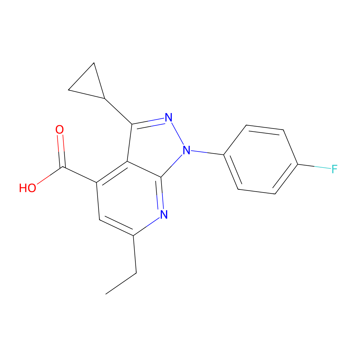 3-cyclopropyl-6-ethyl-1-(4-fluorophenyl)-1H-pyrazolo[3,4-b]pyridine-4-carboxylic acid molecular structure, CAS 1018053-62-7
