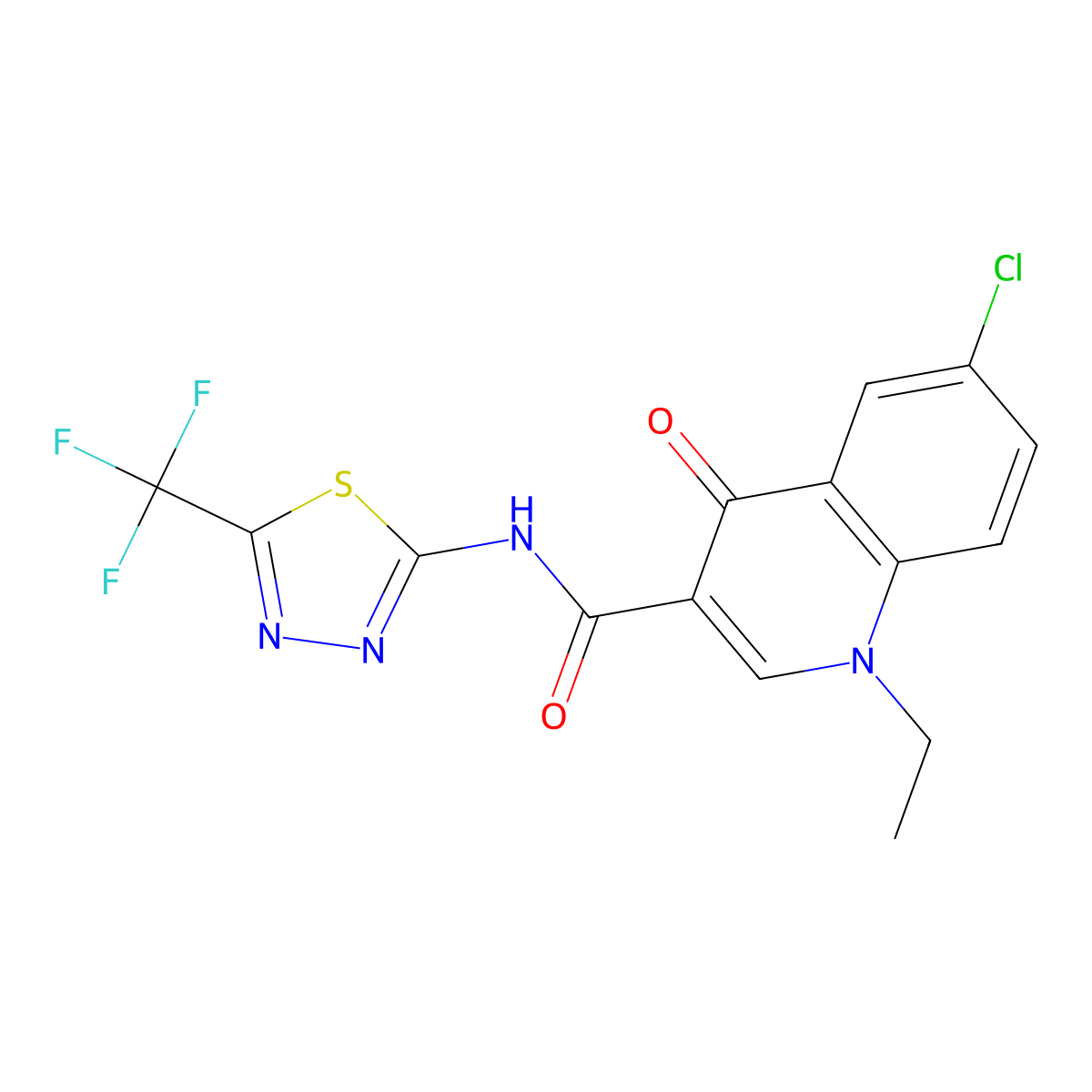 6-chloro-1-ethyl-4-oxo-N-(5-(trifluoromethyl)-1,3,4-thiadiazol-2-yl)-1,4-dihydroquinoline-3-carboxamide molecular structure, CAS 1018056-87-5