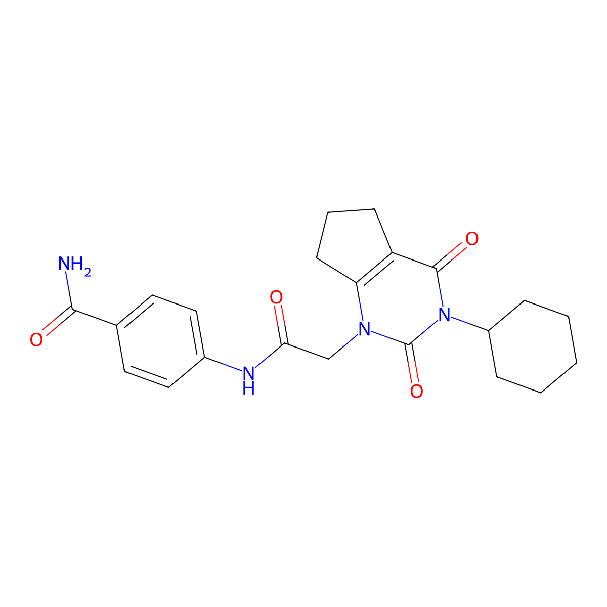4-(2-(3-cyclohexyl-2,4-dioxo-2,3,4,5,6,7-hexahydro-1H-cyclopenta[d]pyrimidin-1-yl)acetamido)benzamide molecular structure, CAS 1018062-02-6