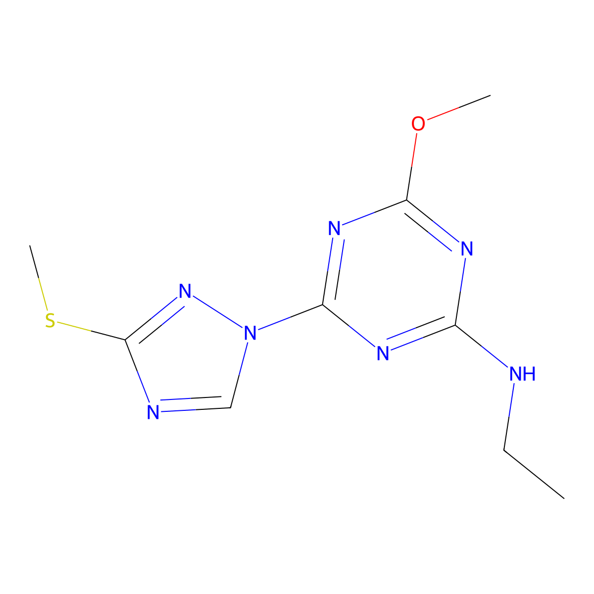 N-ethyl-4-methoxy-6-[3-(methylsulfanyl)-1H-1,2,4-triazol-1-yl]-1,3,5-triazin-2-amine molecular structure, CAS 1018063-29-0