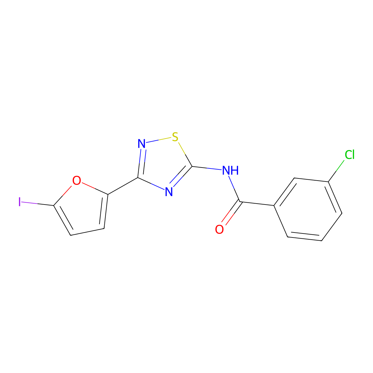 3-chloro-N-[3-(5-iodofuran-2-yl)-1,2,4-thiadiazol-5-yl]benzamide molecular structure, CAS 1018066-44-8