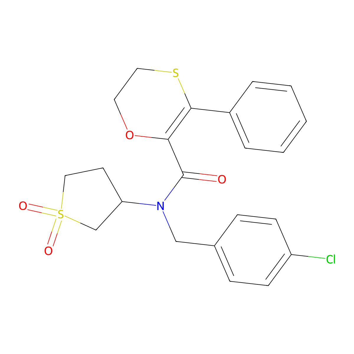N-(4-chlorobenzyl)-N-(1,1-dioxidotetrahydrothiophen-3-yl)-3-phenyl-5,6-dihydro-1,4-oxathiine-2-carboxamide molecular structure, CAS 1018067-18-9