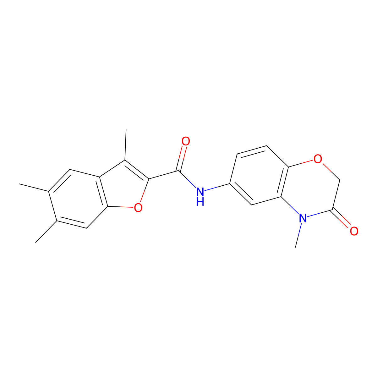 3,5,6-trimethyl-N-(4-methyl-3-oxo-3,4-dihydro-2H-1,4-benzoxazin-6-yl)-1-benzofuran-2-carboxamide molecular structure, CAS 1018067-56-5