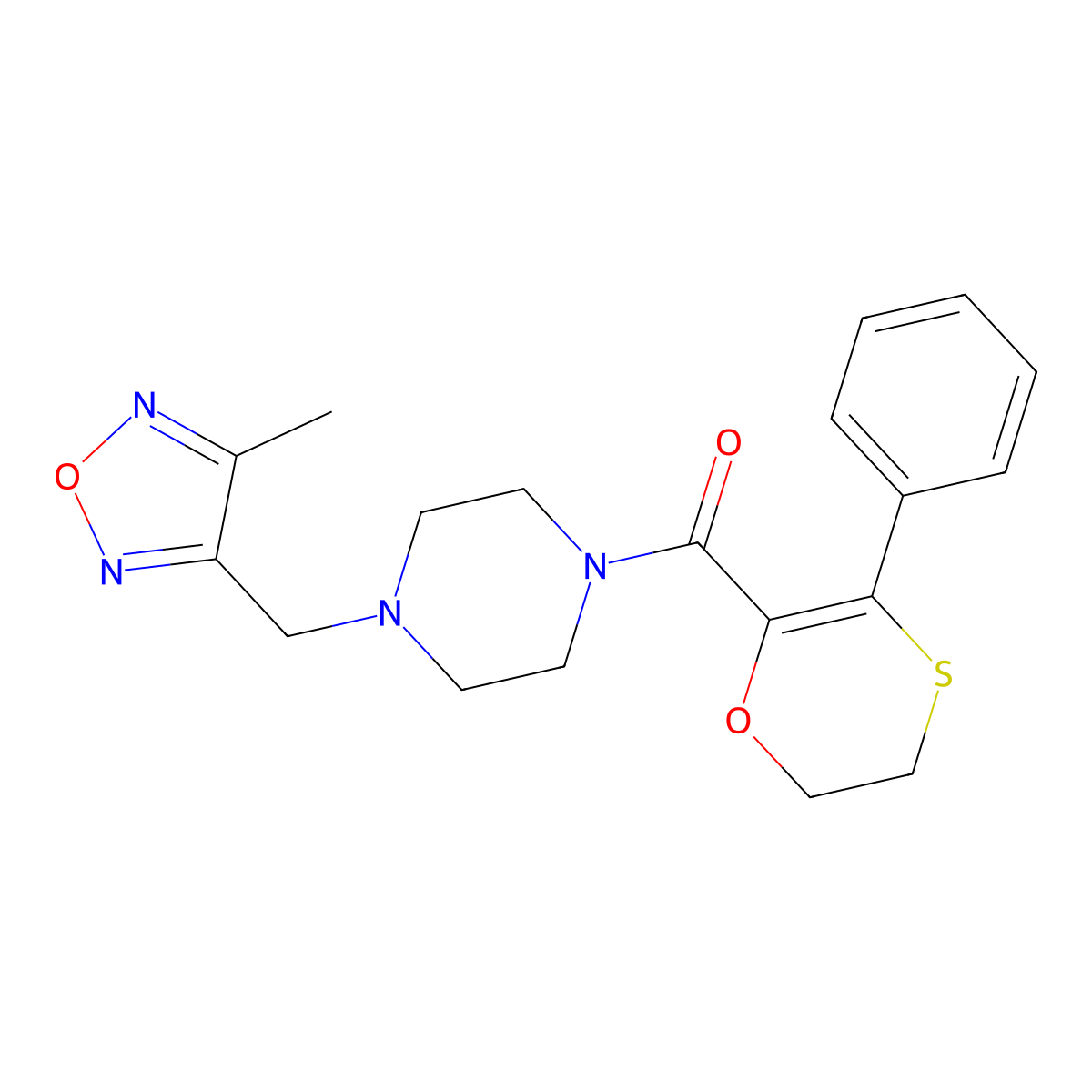 {4-[(4-Methyl-1,2,5-oxadiazol-3-yl)methyl]piperazin-1-yl}(3-phenyl-5,6-dihydro-1,4-oxathiin-2-yl)methanone molecular structure, CAS 1018068-18-2