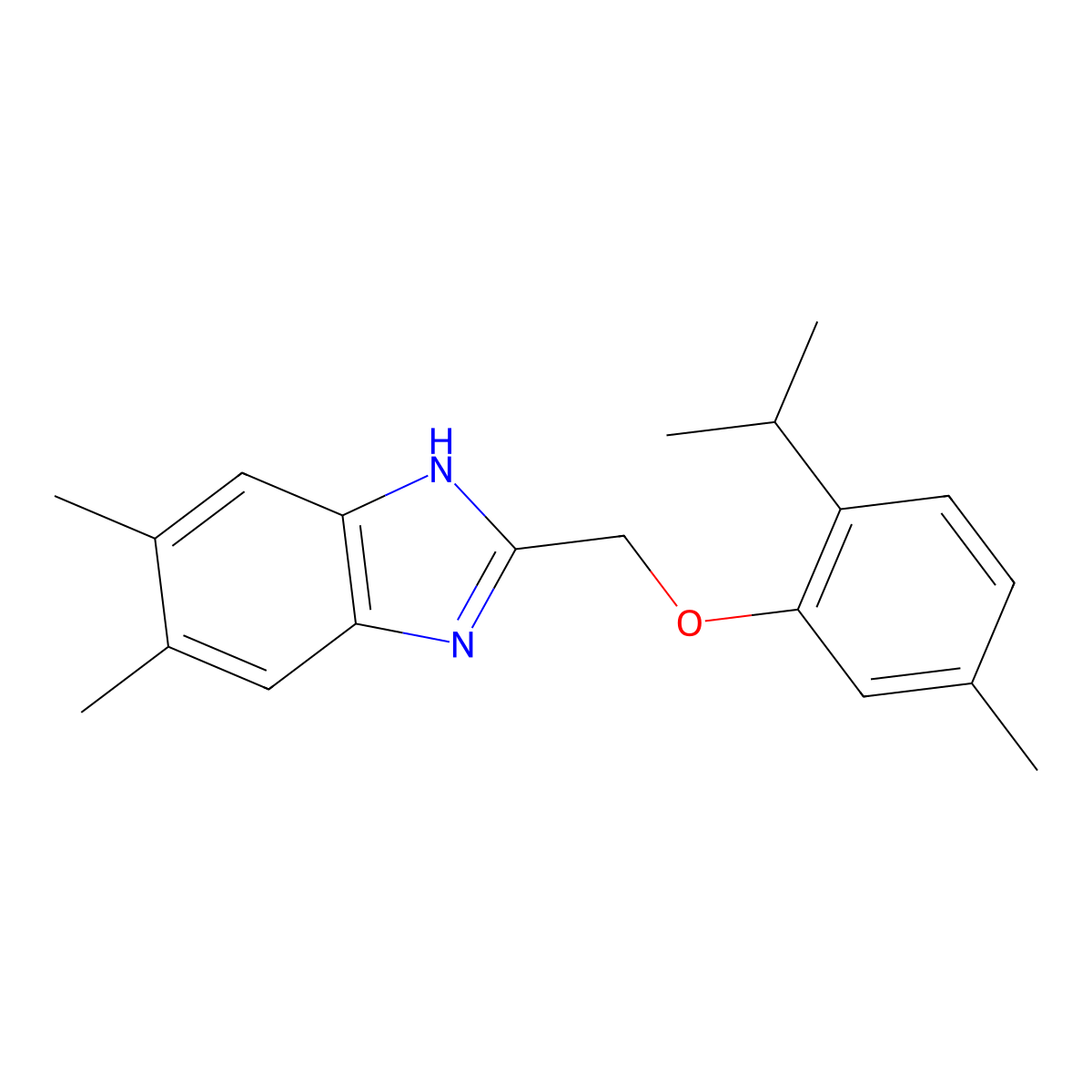 5,6-dimethyl-2-{[5-methyl-2-(propan-2-yl)phenoxy]methyl}-1H-benzimidazole molecular structure, CAS 1018125-26-2