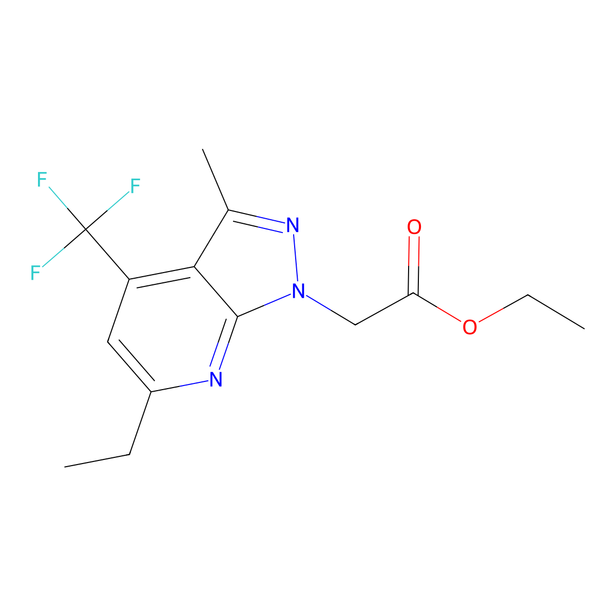 Ethyl 2-(6-ethyl-3-methyl-4-(trifluoromethyl)-1H-pyrazolo[3,4-b]pyridin-1-yl)acetate molecular structure, CAS 1018125-89-7