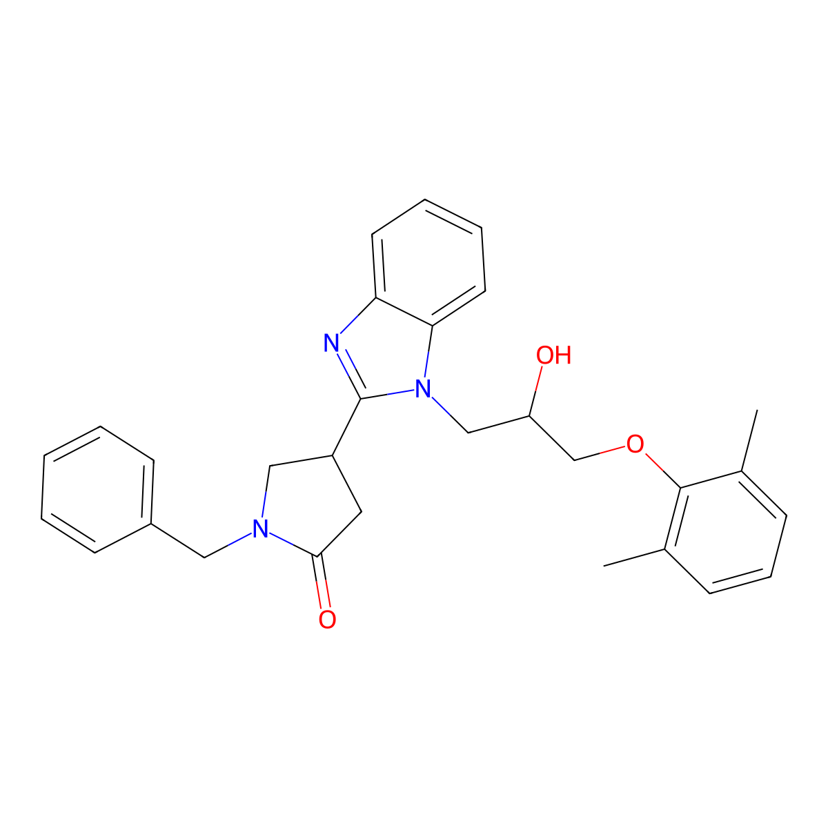 1-benzyl-4-{1-[3-(2,6-dimethylphenoxy)-2-hydroxypropyl]-1H-benzimidazol-2-yl}pyrrolidin-2-one molecular structure, CAS 1018126-44-7