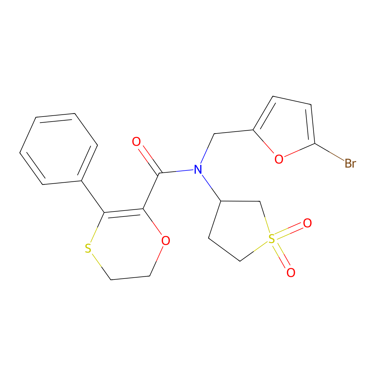 N-[(5-bromofuran-2-yl)methyl]-N-(1,1-dioxidotetrahydrothiophen-3-yl)-3-phenyl-5,6-dihydro-1,4-oxathiine-2-carboxamide molecular structure, CAS 1018126-52-7