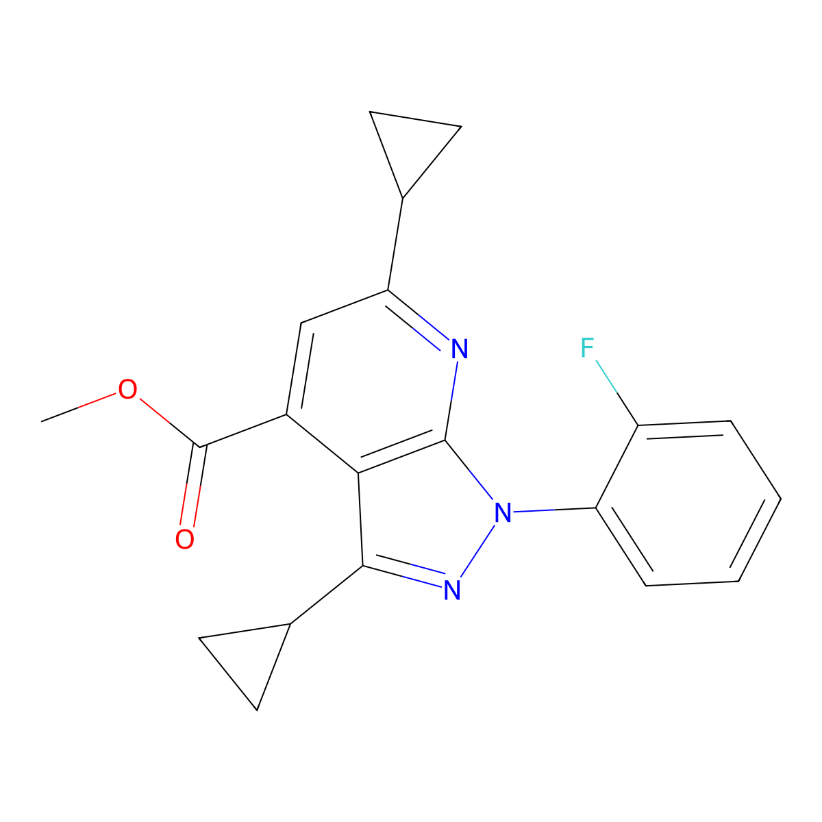 methyl 3,6-dicyclopropyl-1-(2-fluorophenyl)-1H-pyrazolo[3,4-b]pyridine-4-carboxylate molecular structure, CAS 1018127-37-1